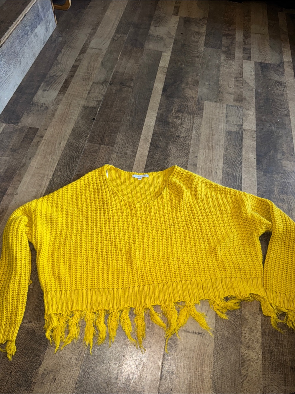 Young Fabulous & Broke Mustard Yellow Distressed Fringe Hem Sweater M/L